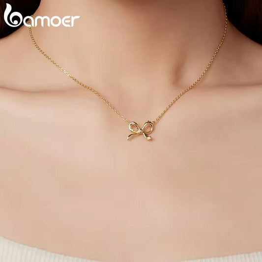 BAMOER 925 Sterling Silver Bowknot Chain Necklace Gold Plated Link Chain with Bow Choker for Women Girls Fashion Jewelry Gifts