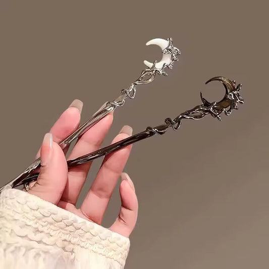 New Black Crystal Moon Hair Stick for Women Vintage Metal Chinese Style Chopstick Shaped Hairpin Headdress Hair Accessories