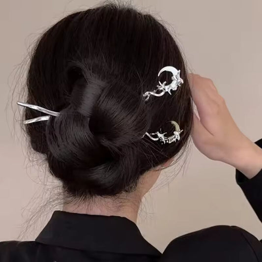 New Black Crystal Moon Hair Stick for Women Vintage Metal Chinese Style Chopstick Shaped Hairpin Headdress Hair Accessories